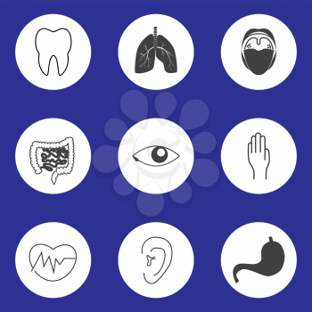 Set of monochrome icons of human organs in round shape