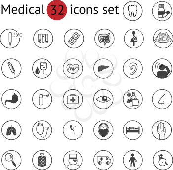 Human organs and medical elements. Set of 32 monochrome icons