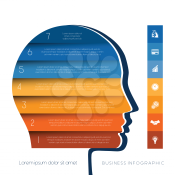 Template for infographic, head the person from colour strips, startup business concept, template for seven positions, steps, options or parts