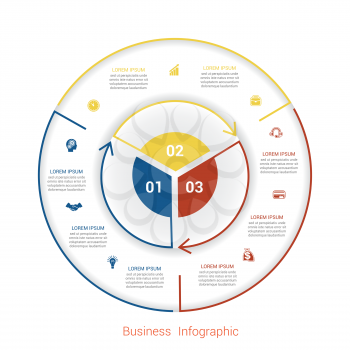 Template infographic three position, steps, parts, with text area, vector illustration colourful in the form of circle parts. Business pie chart diagram data. 