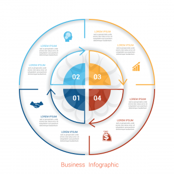 Template infographic four position, steps, parts, with text area, vector illustration colourful in the form of circle parts. Business pie chart diagram data. 