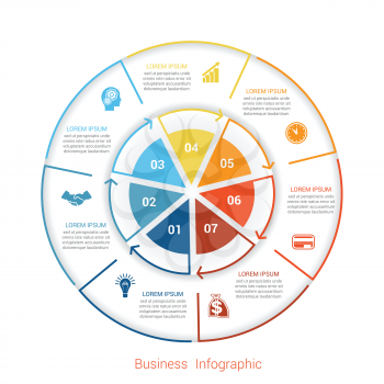 Template infographic seven position, steps, parts, with text area, vector illustration colourful in the form of circle parts. Business pie chart diagram data.