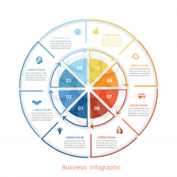 Template infographic eight position, steps, parts, with text area, vector illustration colourful in the form of circle parts. Business pie chart diagram data.