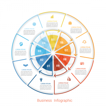 Template infographic nine position, steps, parts, with text area, vector illustration colourful in the form of circle parts. Business pie chart diagram data. 