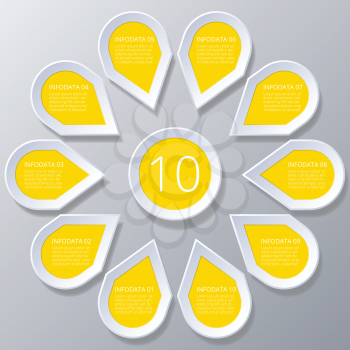 Chart cyclic process  Infographic yellow Points arranged in sun circle,  elements for diagram with 10 steps, options, parts, processes. Universal vector template for presentation and training.