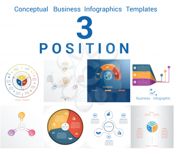 Set Vector Templates Infographics Business Conceptual Cyclic Processes for Three Positions Text Area, Possible to use for Workflow, Banner, Diagram, Web Design, Timeline, Area Chart