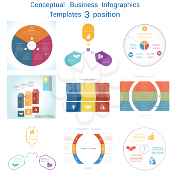 Set Vector templates Infographics business conceptual cyclic processes for three positions text area, possible to use for pie chart, workflow, banner, diagram, web design, timeline, area chart 