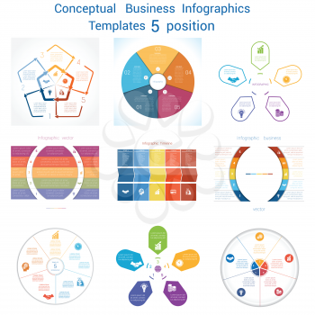 Set Vector templates Infographics business conceptual cyclic processes for five positions text area, possible to use for pie chart, workflow, banner, diagram, web design, timeline, area chart 