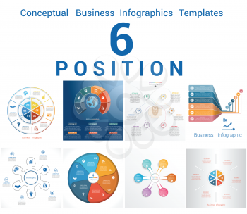 Set Vector Templates Infographics Business Conceptual Cyclic Processes for Six Positions Text Area, Possible to use for Workflow, Banner, Diagram, Web Design, Timeline, Area Chart