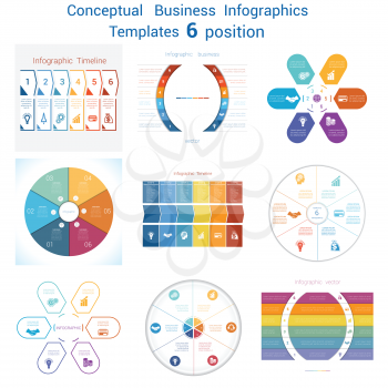 Set templates Infographics business conceptual cyclic processes for six positions text area, possible to use for pie chart, diagram. Eps file is layered and fully organised, objects are grouped