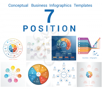 Set Vector Templates Infographics Business Conceptual Cyclic Processes for Seven Positions Text Area, Possible to use for Workflow, Banner, Diagram, Web Design, Timeline, Area Chart