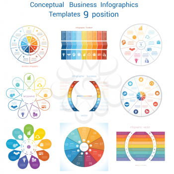 Set Vector templates Infographics business conceptual cyclic processes for nine positions text area, possible to use for pie chart, workflow, banner, diagram, web design, timeline, area chart 