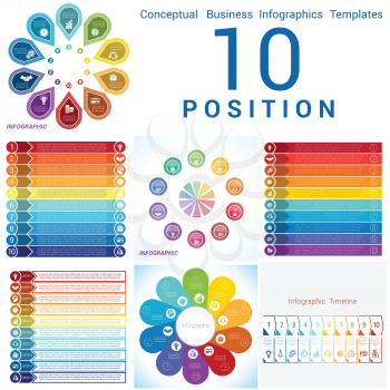 Set Vector templates Infographics business conceptual cyclic processes for ten positions text area, possible to use for pie chart, workflow, banner, diagram, web design, timeline, area chart