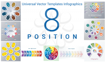 Universal Vector Templates Infographics for 8 positions. Business conceptual icons. 