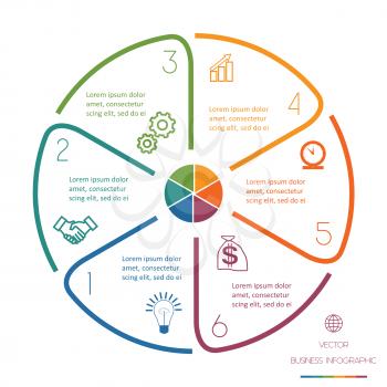 Infographic Circle template from colourful lines with text areas on six positions