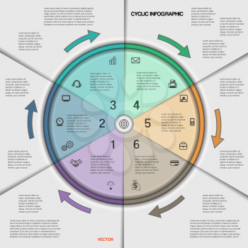 Infographic cyclic business process or workflow for project and other Your variant. Vector illustration template with text areas on six positions