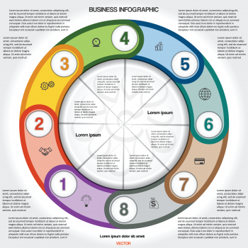 Infographic for success business project, multi-coloured ring numbered, template with text area for eight positions