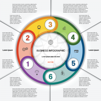 Infographic for success business project, multi-coloured ring numbered, template with text area on six positions