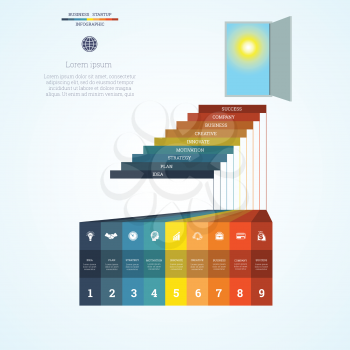  Vector illustration Infographic template steps up ladders and doorway, sky, sun, startup business concept with nine steps or processes. Can be used for workflow, banner, diagram, web design, timeline, area chart,number options