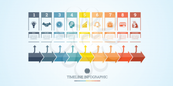 Conceptual Business Timeline Infographic, Vector design template for nine position can be used for workflow, banner, diagram, web design,  area chart