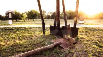 Giant spades in the ground near musieum of art and technology in Belgrade Serbia
