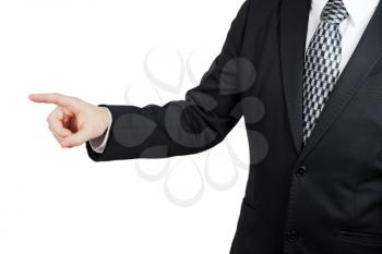 Businessman in Black Suit Pointing Index Finger Towards Camera. Focuse On The Hand and Finger. Isolated On White Background