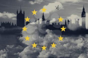Brexit Concept. Great Britain Departing European Uniun. EU Flag Against London City Background