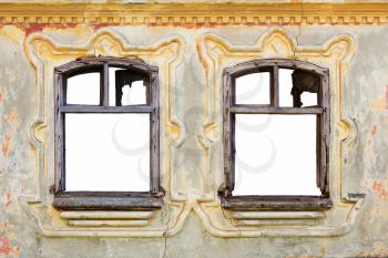 Windows With Vintage Decor On a Ornate, Rustic, Worn, Aged Wall