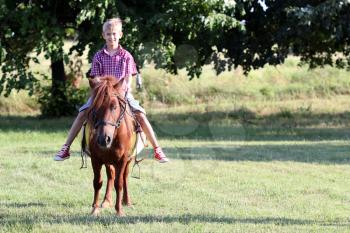 boy riding pony horse in park