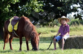 boy with cowboy hat and pony horse on farm