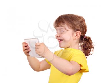 happy little girl with tablet pc on white 