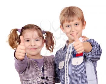 happy little girl and boy with thumb up