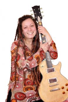 girl with dreadlocks hair and electric guitar portrait