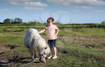 white pony horse and little girl 