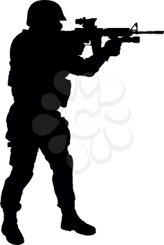 Police special forces, counter terrorist team shooter in helmet standing and aiming with collimator sight on service rifle side view, full length, black vector silhouette isolated on white background