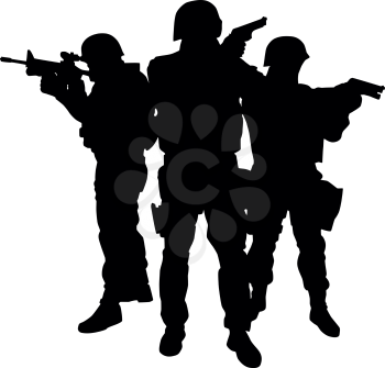 Police Immediate reaction team, special operations and counter terrorism unit three fighters in tactical ammunition, standing together and aiming weapons vector silhouette isolated on white background