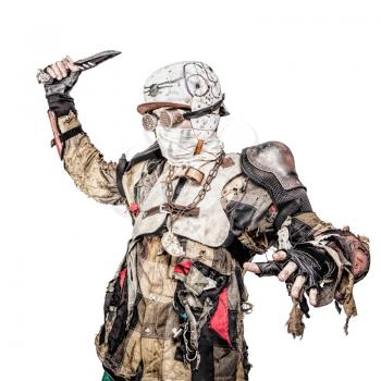 Post apocalyptic survivor creature with homemade weapons