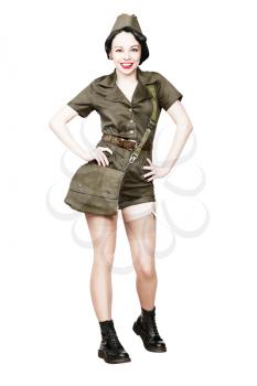 Portrait of Beautiful Brunette with black hair. Pin up Female Dressed in military clothing Uniform and Garrison cap. Smiling Army Pin-up Girl Concept