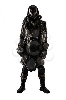 Terrifying post apocalyptic human creature, person survived in poisoned by pollution, post nuclear catastrophe world wearing tatters and full-face gas mask isolated on white background studio shoot