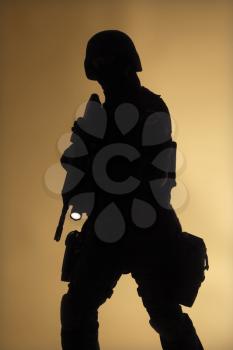 Special weapons and tactics team (SWAT) officer silouette in the fog