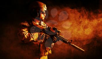 Bearded special forces soldier in the fire
