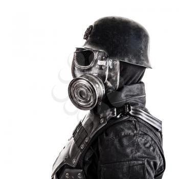 Futuristic nazi soldier gas mask and steel helmet isolated on white studio shot closeup portrait