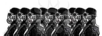 Line of futuristic nazi soldier gas mask and steel helmet isolated on white studio shot closeup portrait