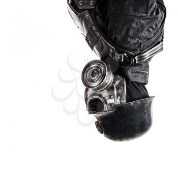 Futuristic nazi soldier gas mask and steel helmet with schmeisser handgun isolated on white studio shot closeup portrait upside down