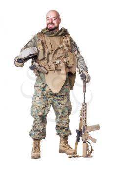 Elite member marksman of United States Marine Corps with rifle weapons in uniforms. Military equipment, army helmet, combat boots, tactical gloves. Isolated on white, weapons, army, patriotism concept