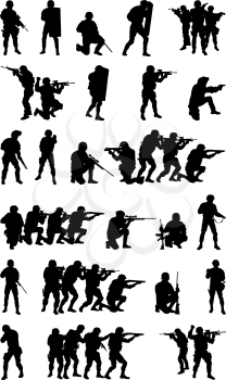 Police special forces tactical members, SWAT group, counter-terrorist squad fighters set collection vector silhouette isolated on white background