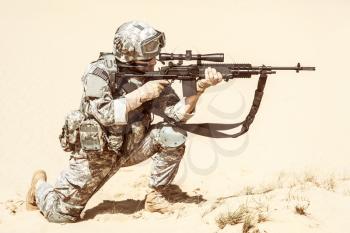 United states airborne infantry marksman in action in the desert, pointing the enemy. High accuracy firing concept, toned colorized shot