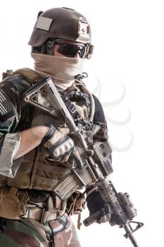 United states Marine Corps special operations command Marsoc raider with weapon. Studio shot of Marine Special Operator white backgroun