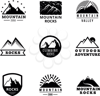Mountains vector logo, badges and emblems vector set. Adventure outdoor, expedition mountain, badge climbing mountain snowy, peak mountain label illustration