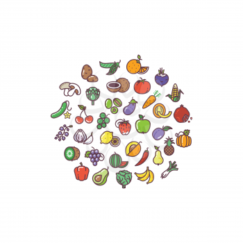 Fruit and vegetables organic flat icons in circle design. Avocado vegetable, fruit gooseberry, vegetable and fruit sign, vegetable and fruit vector illustration